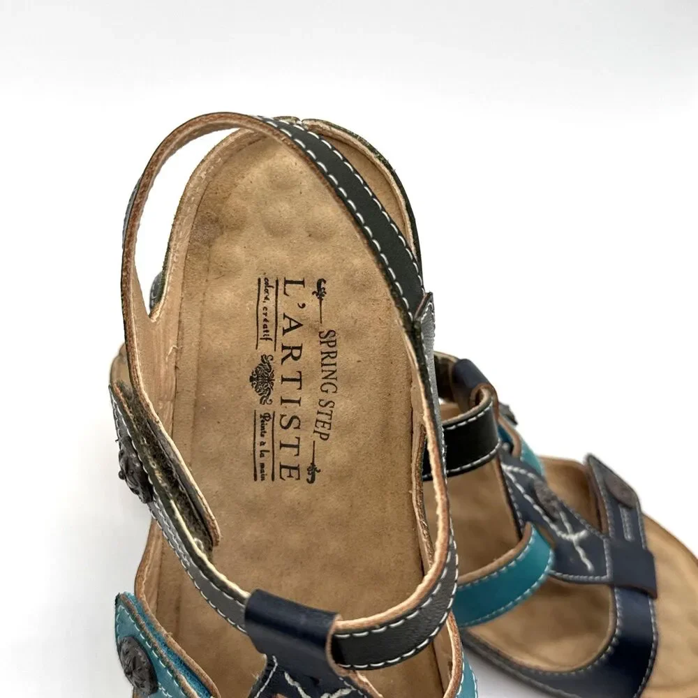 L'Artiste by Spring Step MELISSA Navy/Teal Leather Wedge Sandal Wm US 7.5 & EU38